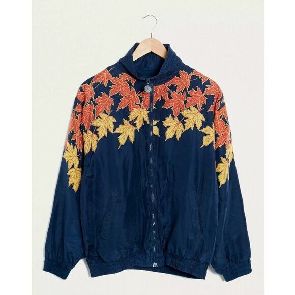 anney collection Jackets & Blazers - Vintage One-of-a-Kind Autumn Leaves Silk Bomber Jacket size M